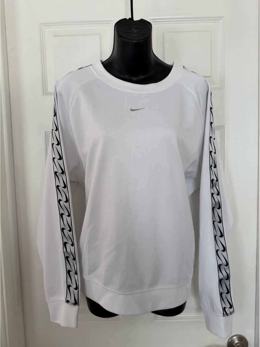 Nike white long sleeve sweatshirt with logo tape sleeves